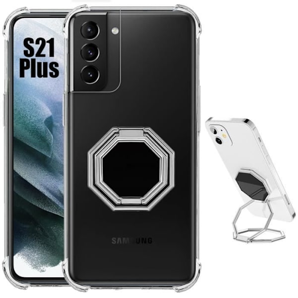 Fodral till Samsung Galaxy S21+-S21 Plus Klart stötsäkert silikon med justerbart åttakantigt stativ transparent-silver
