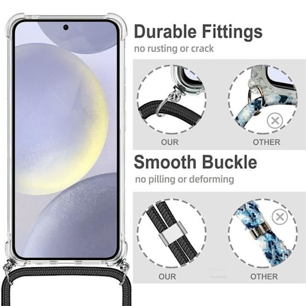 Skyddsfodral - AntiChoc - Samsung Galaxy S24 Plus - Transparent - Justerbar svart snodd - Mjuk Transparent, svart