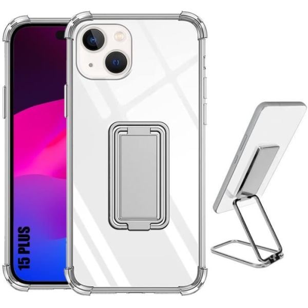 Cover til iPhone 15 Plus, Ultra Slim Shockproof Silikone med Justerbar Metal Support Sølv