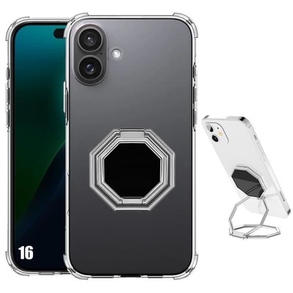 Fodral för iPhone 16, Ultra Slim Silikon Stötsäkert med Multi-Angle Rotation Stand Silver