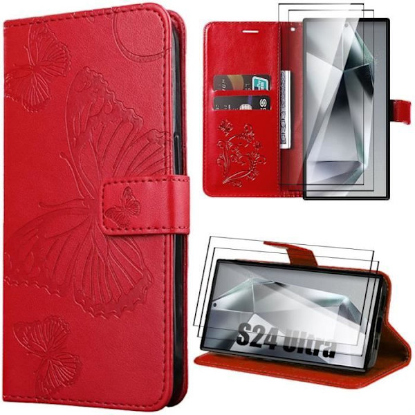 Skyddsskal - Samsung - Galaxy S24 Ultra - Röd - Läderlook med Fjärilsmönster - 2 Härdade Glas Röd