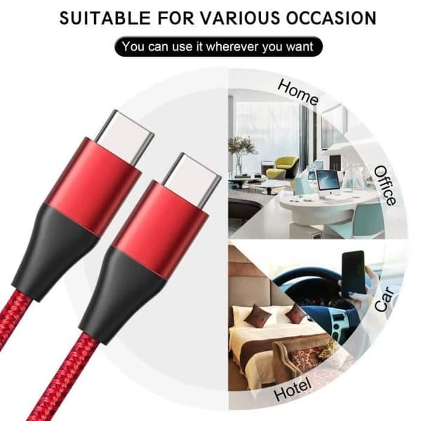 USB-C-kabel - E.F.CONNECTION - 3x 1M - Snabbladdning - Flätad Nylon - Röd Röd