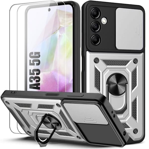 Skyddsfodral - Samsung - Galaxy A35 5G - Stötsäker i PC - Rotationsstöd - 2 härdade glas Silver