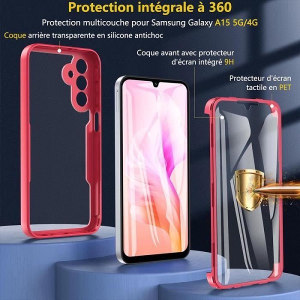 360 Fodral för Samsung Galaxy A15 5G-4G - Fullständigt skydd Anti-Scratch Röd