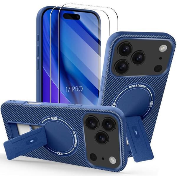 Skyddshölje - BOOLING - för iPhone 17 Pro - med magnetring och ställ - Blå - 2 glas Blå