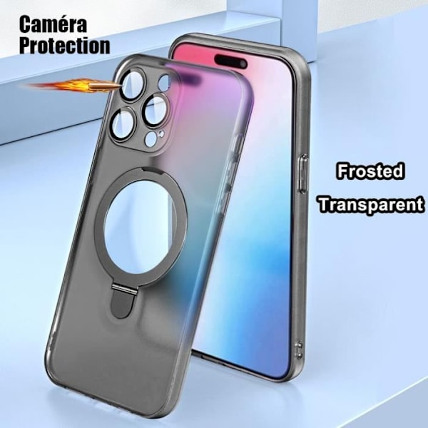 Fodral för iPhone 15 Pro Max, genomskinligt svart stötsäkert skydd med roterande magnetstativ och kameraskydd Svart