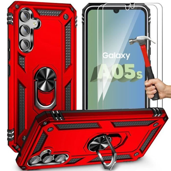 2 härdat glas + fodral för Samsung Galaxy A05s (ej för A05) - Solid styv stötsäker ring på baksidan - Röd