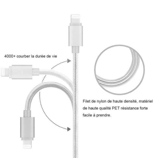 Set med 3 kablar kompatibel med iPhone, 1M, Silver Nylon