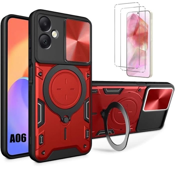 2 härdade glasögon + fodral för Samsung Galaxy A06, rött anti-scratch-förstärkt kameraskydd