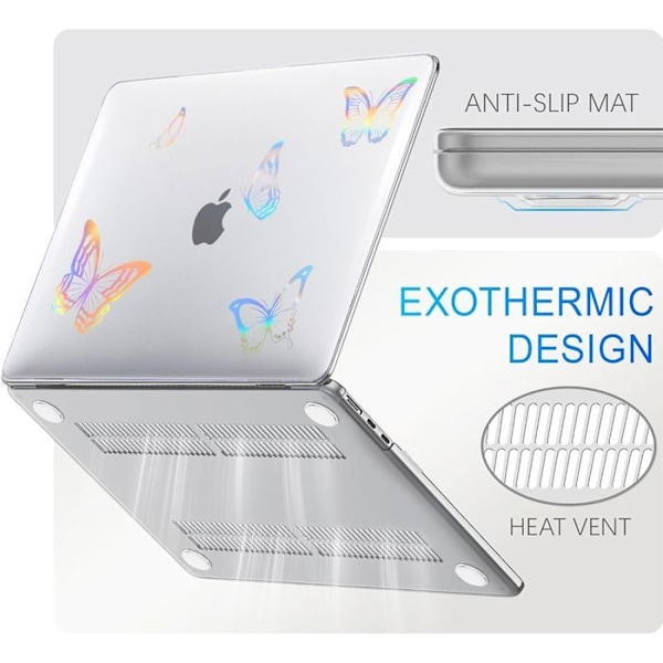 Skyddande skal för MacBook Air 15 Tum M4 M3 M2 2025 2024 2023, Hård Transparent Antiglidande Fjärilsdesign Transparent
