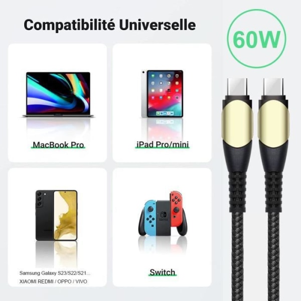 USB-C till USB-C Snabbladdningskabel 60W för Samsung S25 S24 S23+ S23 Ultra S22+ S22 Ultra S21 FE S21+ - Förstärkt Nylon Svart 1M Svart