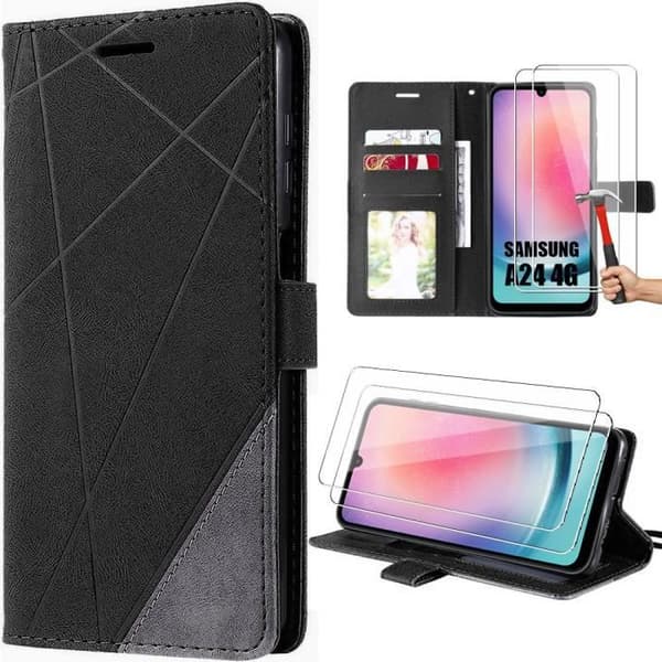Coque + Härdat Glas - Booling - för Samsung Galaxy A24 - Läderlook - Rep skydd - Elegant Svart