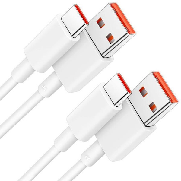 2 USB-C Snabbladdningskablar 6A för Xiaomi Redmi Note 13/14 Pro Note 13 5G Redmi 13C - 1M Vit