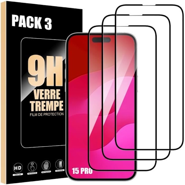 Härdat glas - BOOLING - iPhone 15 Pro - Set med 3 - 9H skydd - Anti-skrapa Transparent med svart kant