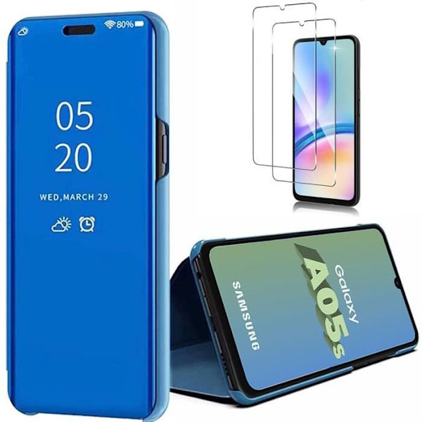 Skyddsomslag - BOOLING - Samsung Galaxy A05s - Flip Cover - Spegeleffekt - 2 Härdat glas Blå
