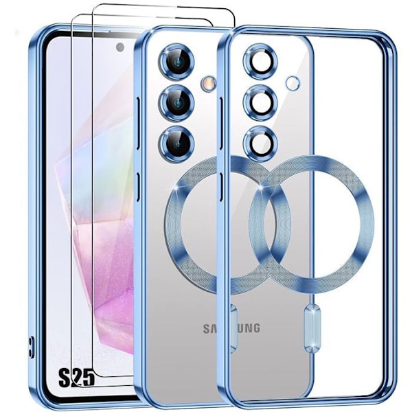 Coque för Samsung Galaxy S25 - med Magnetcirkeln - Blå + 2 Härdat Glas - BOOLING® Klarblå