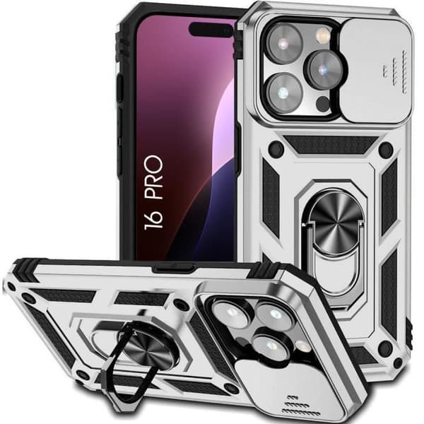 Skyddsskal - BOOLING - för iPhone 16 Pro - Stötsäker - Silver - Inbyggt ställ Silver