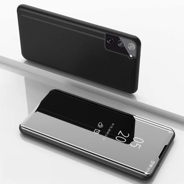 Fodral för Samsung Galaxy A55 5G, 360° stötsäkert flipskydd med stativfunktion, krom spegeleffekt, svart + 2 härdade glasögon
