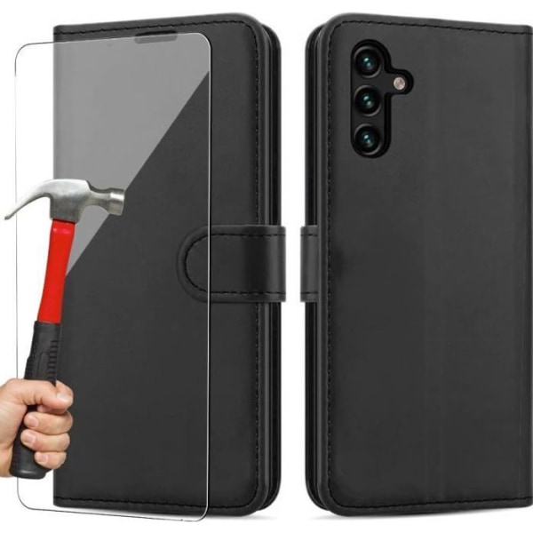 Plånboksfodral för Samsung A04s effekt svart läder + 2 härdade glasögon