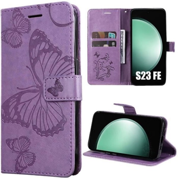 Fodral för Samsung Galaxy S23 FE, stötsäkert skyddande läderflik med lila fjärilsmönster (ej för S23)