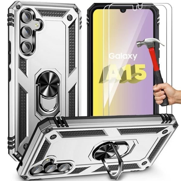 Skyddande skal - BOOLING - Samsung Galaxy A15/A15 5G - Silver - 360° roterande ställ - 2 härdade glas. Silver