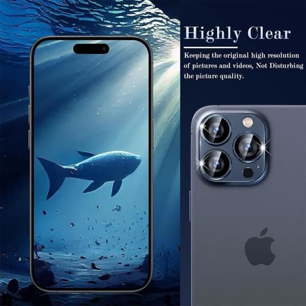 Skyddsglas för Kamera - för iPhone 15 Pro/Pro Max - Härdat Glas - Repvänlig - Mörkblå Transparent