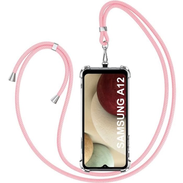 Fodral för Samsung A12 (6,5 tum) Förstärkt skydd Fina anti-skraphörn + rosa axelrem Transparent-rosa