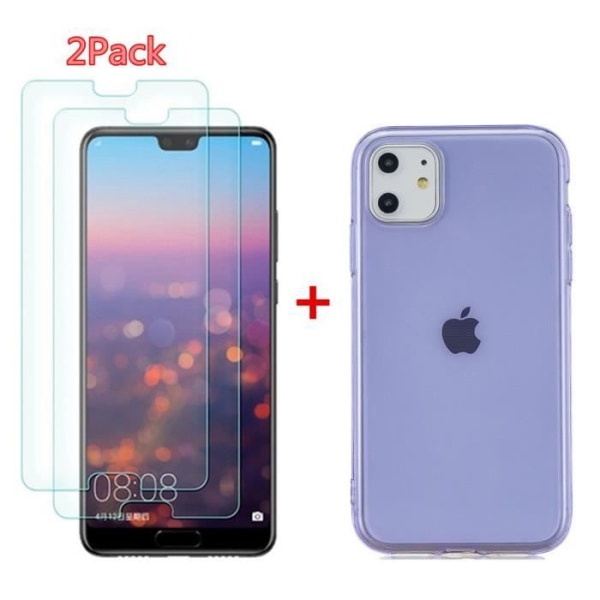 Blødt fleksibelt etui til Apple iPhone 11 (6.1"), klart etui 2 STK Hærdet glasfilm + 1 STK TPU Silikone Slim Cover Lilla