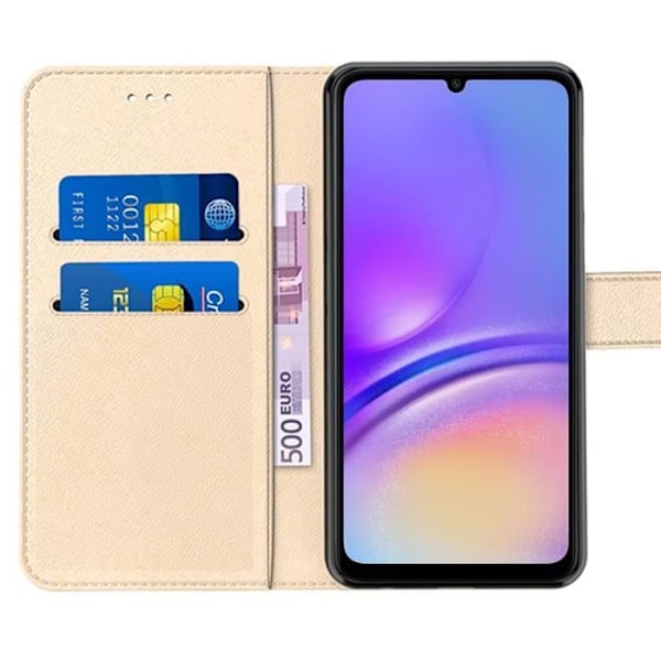 Fodral för Samsung Galaxy A05, guld PU-läder med kortplatser och stativfunktion + 2 härdade glasögon (ej för A05s) gyllene