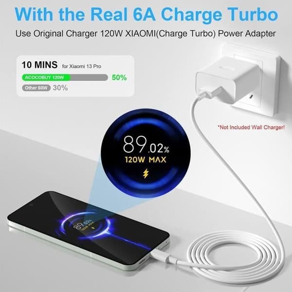3x Snabbladdningskabel 6A USB-C för Xiaomi Redmi Note 15 Note 14 Note 13 Note 11 Pro-Note 11 Pro+ - 1M Vit Vit
