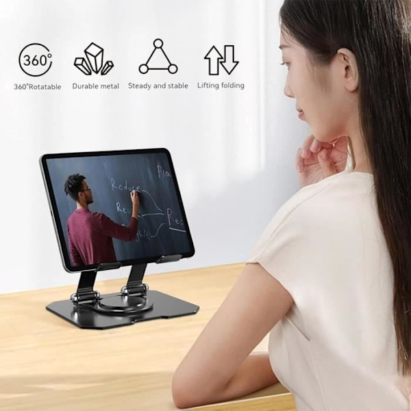 Vikbar tabletthållare, 360° roterande hållare för iPad-Samsung Tab-Redmi Pad, Anti-halk justerbar metall svart