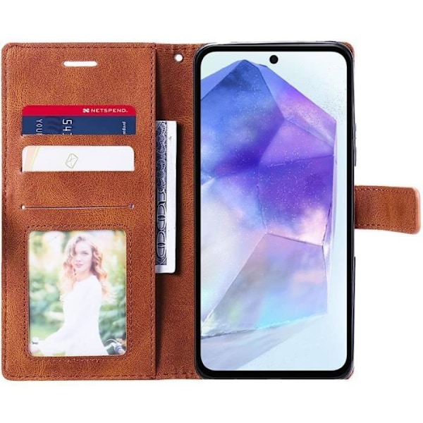 Skyddsskal - BOOLING - Samsung Galaxy A55 5G - Stöttåligt konstläder - Brunt - 2 Härdade Glas kastanj