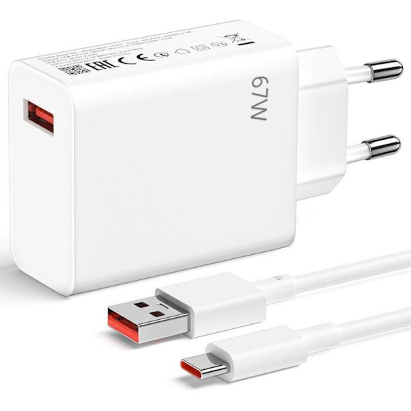 Snabb Laddare USB 67W + USB-C Kabel 6A 1M Vit för Xiaomi Redmi 14C/13C, Redmi 12 4G-5G, Redmi 9, 9A, 9C, 10A, 9T, 10C Vit