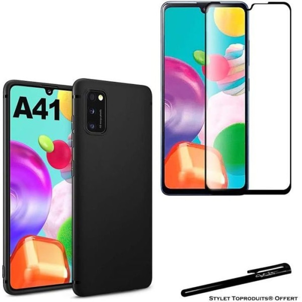 Härdat glas för Samsung Galaxy A41 svarta kanter och svart flexibelt skyddsskal med stylus Toproduits®