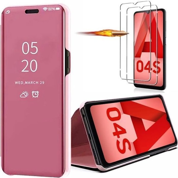 Skyddsomslag för Samsung Galaxy A04s - BOOLING - Spegeleffekt Clear View - Rosa - 2 Härdade Glas Rosa