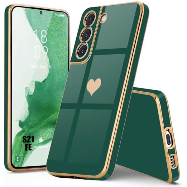 Fodral till Samsung Galaxy S21 FE Midnight Green Heart Pattern Stötsäker Anti-Scratch Mjuk TPU Nattgrönt