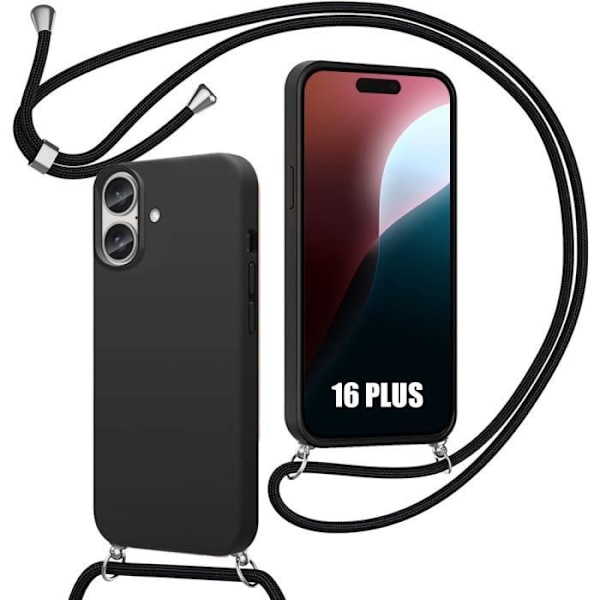 Lanyard-etui til iPhone 16 Plus, sort blød silikone anti-shock anti-ridse