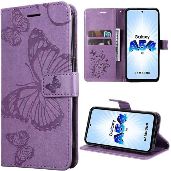 Fodral till Samsung Galaxy A54 5G, lila lädereffekt tryckt fjärilsmönster