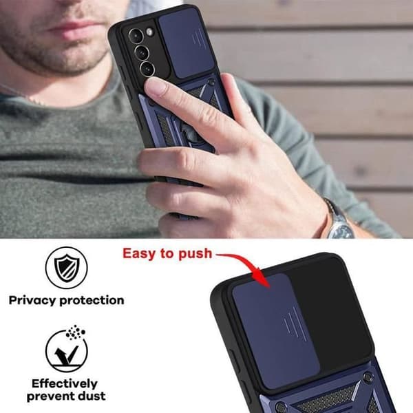 Skal - Booling - för Samsung S21 - Mörkblå - Stöttålig - 360° Ringstöd - 2 Härdade Glas Blå