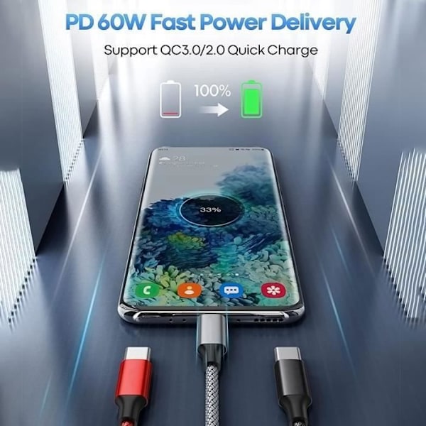 Set med 3 USB-C till USB-C-kablar för iPhone - E.F.CONNECTION - Svart flätad nylon 1M Svart