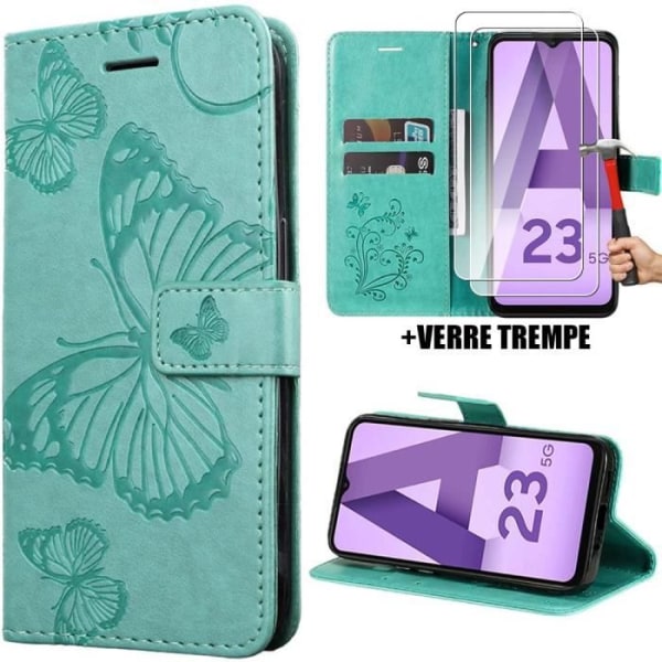 Fodral till Samsung Galaxy A23 5G, stötsäkert skydd Grönt fjärilsmönster i syntetiskt läder + 2 skärmskydd i härdat glas Grön