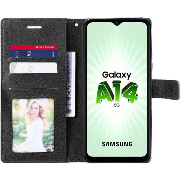 Etui til Samsung Galaxy A14 5G med 2 hærdede briller - Stødsikker PU-læderetui Navyblå-sort