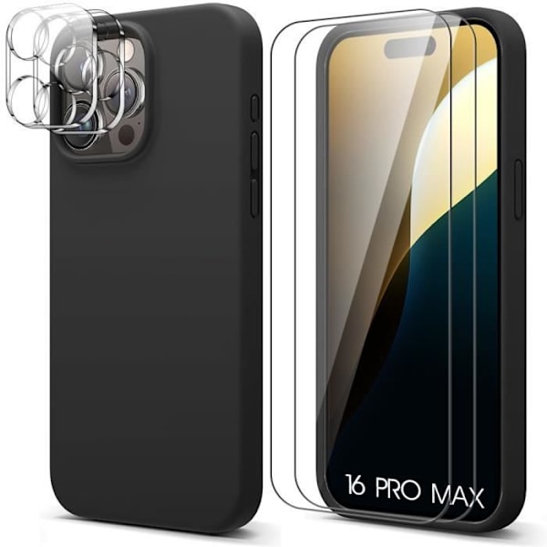 Skyddande skal - Silikon - iPhone 16 Pro Max - Svart - 2 Härdade glas - Halkfri Svart