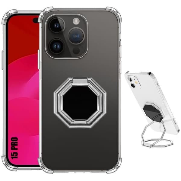 Skyddshölje - BOOLING - för iPhone 15 Pro - Transparent Silikon - Justerbart Stöd - Stötabsorberande Klar, Silver