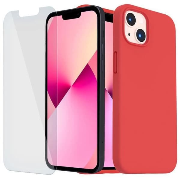 Coque - för iPhone - 13 - Silikon TPU - Röd - 2 Härdat Glas Röd