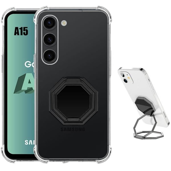 Skyddsskal - Samsung - Galaxy A15 - Transparent silikon - Stötabsorberande - Åttakantigt stativ Transparent, svart