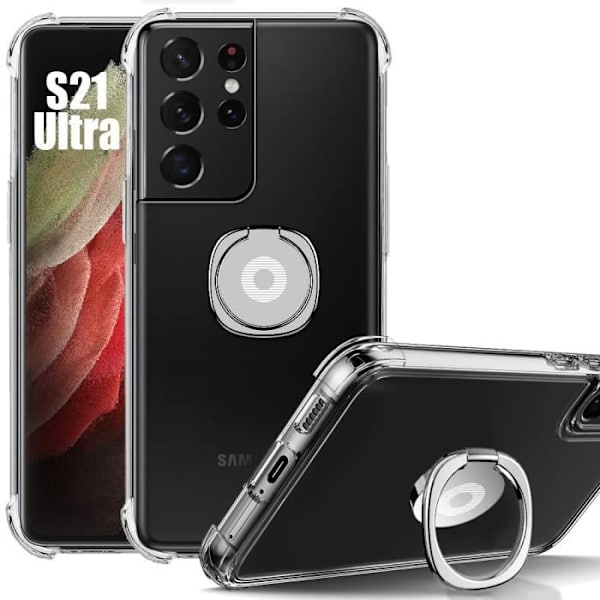 Samsung Galaxy S21 Ultra Fodral - Klart stötsäkert med justerbar ringhållare Silver