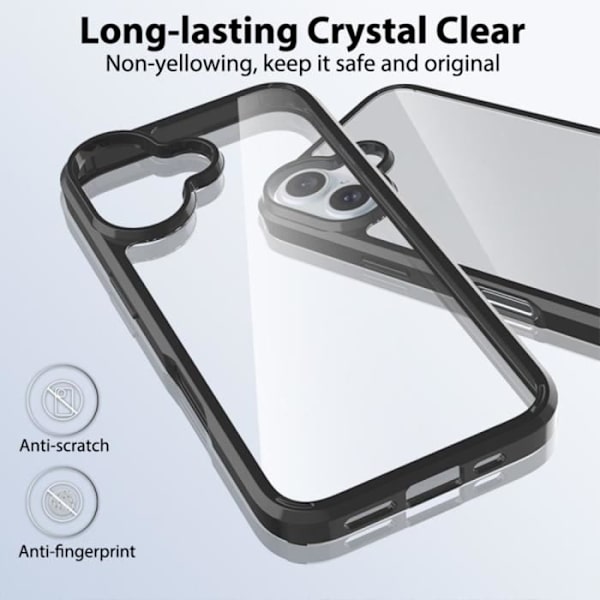 Fodral och 2 härdade glasögon för iPhone 16 Plus - Stötsäkert skydd Transparent hård rygg + svart TPU-kant