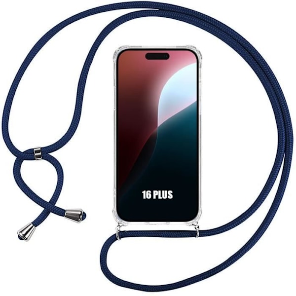 Crossbody-fodral för iPhone 16 Plus - Mjukt anti-skrapa förstärkta hörn + Marinblå axelrem