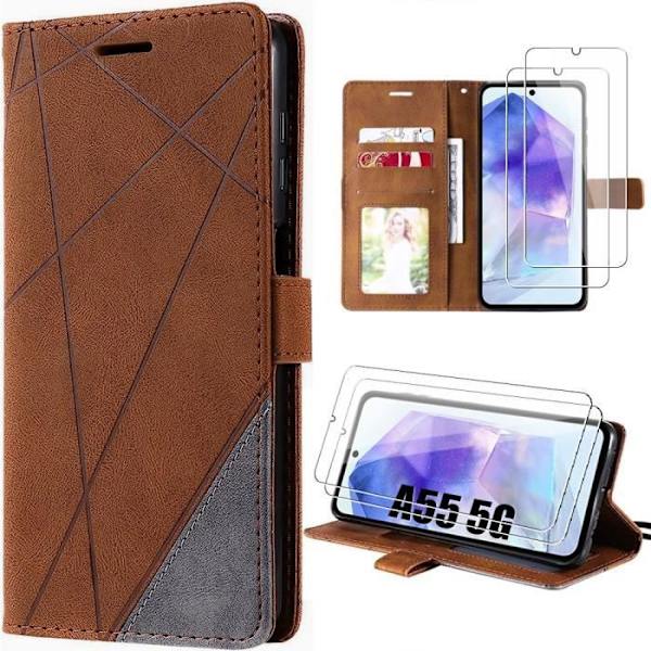 Skyddsskal - BOOLING - Samsung Galaxy A55 5G - Stöttåligt konstläder - Brunt - 2 Härdade Glas kastanj